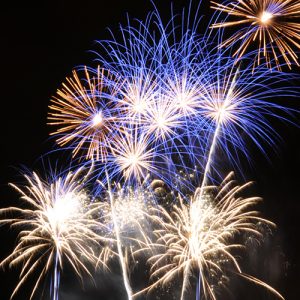 Professional fireworks burst in the night sky